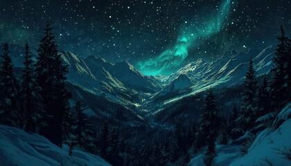 Illuminated natural wonder stretches above a dark, snow-covered mountain valley at night