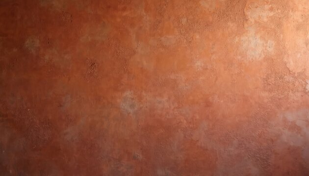 Textured terracotta wall surface with visible plaster imperfections. Warm earthy tones create a rustic yet elegant backdrop for interiors. Natural material finish adds depth.