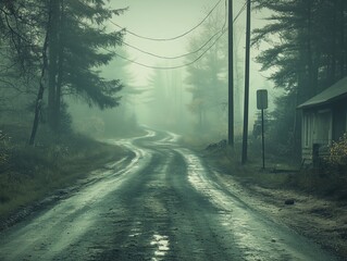 A foggy, rain-soaked road winds through a shadowy forest, creating an eerie, isolated atmosphere. The scene captures mystery, solitude, and haunting beauty.