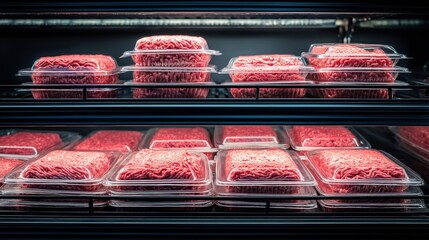 Packaged Ground Beef Trays in a Supermarket Refrigerated Meat Case Display