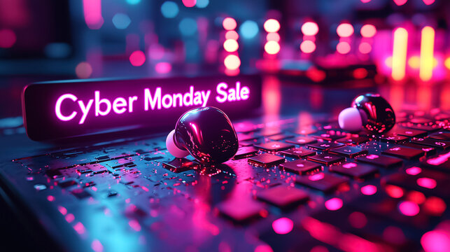 Cyber Monday Sale glowing text on keyboard with earbuds and neon reflections. E-commerce promotion, digital retail deals, online shopping trends, seasonal sales, retail marketing, holiday concepts.