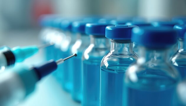 Syringes with needles and rows of blue liquid filled vaccine vials in a lab setting. Medical research and development for health protection.