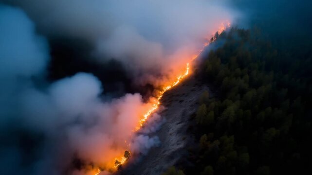 4K Drone top view of a wildfire line igniting a dry forest edge. Flames and smoke create a vivid diagonal composition, processed with high-detail cinematic grading warm orange and