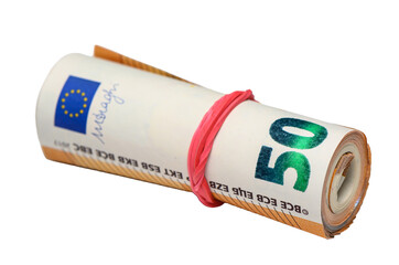 Euro 50 banknotes rolled with rubber band isolated