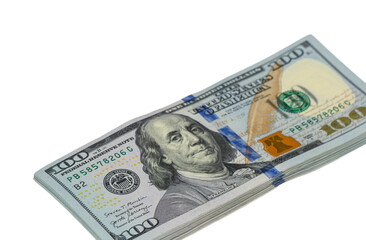 Stack of 100 dollar bills on white background