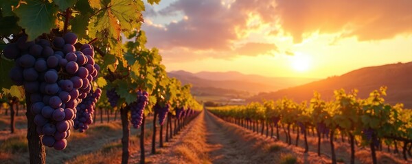 Naklejka premium Scenic photo shows vineyard with rows of grape vines at sunset. Ripe grapes hang from the vines creating a picturesque view. The sun sets over the mountains.