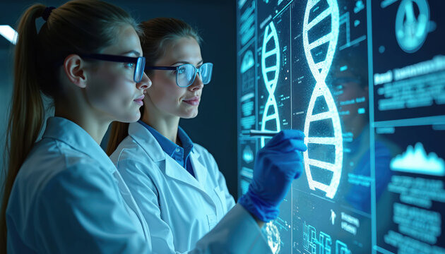 Two female scientists analyze DNA data on virtual screen. Researchers study genetic information for healthcare, prevention. Digital display shows molecular structure with technology. Concept for
