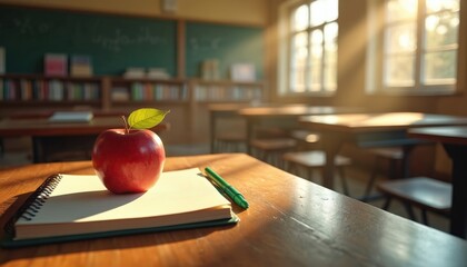 Classroom desk with apple and notebook. Red apple rests on blank notepad with green pen. Empty desks, chalkboard in background create calm learning space. Sunlight shines through window.