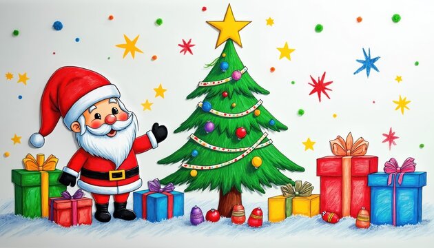 Cheerful Santa Claus stands beside decorated Christmas tree surrounded by colorful gifts. Hand-drawn illustration radiates winter holiday joy, festive spirit. Features traditional elements like red,