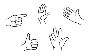 Vector illustration of hands in various positions: pointing, open palm, waving, thumbs up, and counting. Minimalistic black outline style on white background.