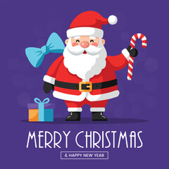 Cartoon Santa Holding a Candy Cane with Gifts on Purple Background for Merry Christmas and Happy New Year