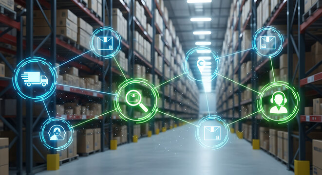 Smart Logistics and Supply Chain Management Icons over Warehouse Shelves - Powered by Adobe
