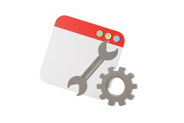 3d browser window with wrench and gear icon. website maintenance concept. Minimal cartoon website window browser for app ui banner. isolated on white background. 3d render.