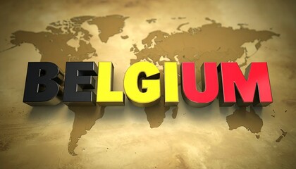 Bold, colorful 3D letters spelling "BELGIUM" rise above a world map, celebrating national identity. The design showcases geography, patriotism, and cultural pride.