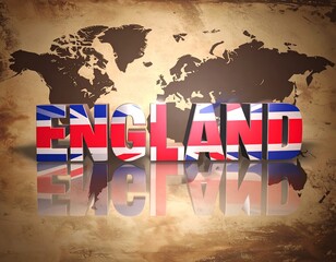 Vibrant, 3D letters spelling "ENGLAND" stand out on a vintage world map, celebrating national identity. The design captures geography, patriotism, and British heritage.