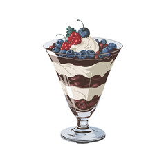 Delicious layered chocolate cake and berry parfait dessert served in a clear glass pedestal cup topped with whipped cream and fresh fruit isolated on white background