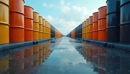 Rows of yellow orange and black oil drums stand on wet concrete ground. Reflections shimmer in puddles under a cloudy sky. Industrial storage perspective creates symmetrical vanishing point.