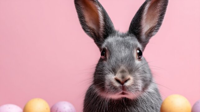 Gray rabbit is staring at the camera with its ears perked up - Powered by Adobe
