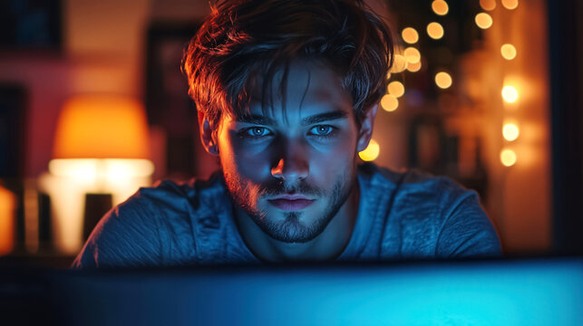 Focused man looking at computer screen and using him in dim room. Cybersecurity, coding, gaming, or remote digital work at night. Small business order fulfillment. Black Friday or Cyber Monday sales.