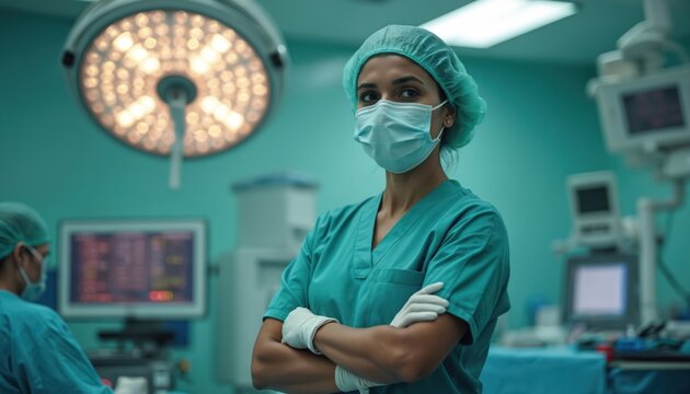 Middle aged Indian female surgeon poses confidently in sterile operating room. Pro woman wears scrubs mask gloves. Hospital staff ready for surgery.