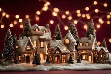 Fototapeta premium Miniature ceramic village scene features glowing windows against a background of festive string lights