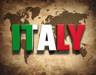 Bold, 3D letters spelling "ITALY" rise above a vintage world map, showcasing national pride. The design captures geography, culture, and Italian heritage.
