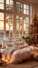Przytulna sypialnia w ciepłych barwach, z dużym ł&oacute;żkiem, świąteczną choinką i świecami. Duże okno ukazuje zach&oacute;d słońca.