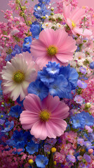 Gęsta kompozycja delikatnych kwiat&oacute;w w pastelowych odcieniach r&oacute;żu i błękitu, w tym duże kwiaty kosmosu, tworząca bukiet lub tło w stylu wiosennym.