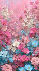 Gęsty, pionowy wzór pełen drobnych i większych kwiatów (kosmosy) w pastelowych odcieniach różu, błękitu i bieli, przechodzący w różowe tło.