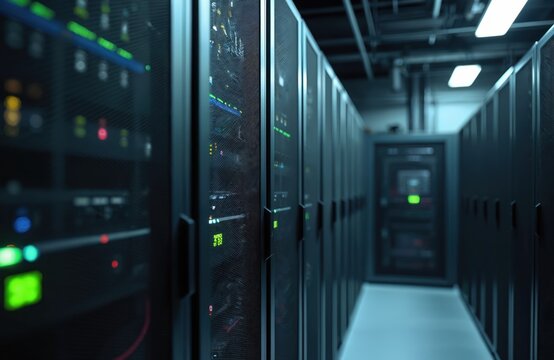 Server room displays working equipment in data center. Servers racks offer infrastructure for information processing. Digital data storage, network hardware provide data security. Modern cloud system