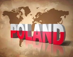 Bold, 3D letters spelling "POLAND" rise above a vintage world map, highlighting national pride. The design showcases geography, heritage, and cultural identity.