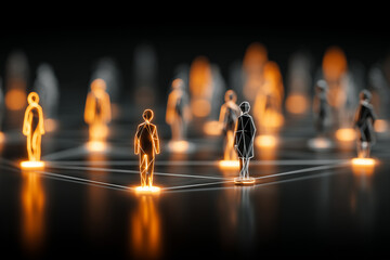 Miniaturowe figurki ludzi stojące na połączonych pomarańczowymi liniami dyskach świetlnych, symbolizujące sieć kontakt&oacute;w, dane społeczne lub połączenia technologiczne.
