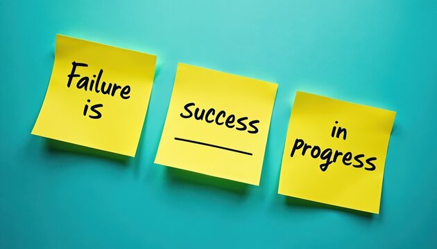 Three yellow sticky notes are placed on a teal background. The first reads Failure is. The second reads Success with a line underneath. The third reads in progress. Concept relates to perseverance.