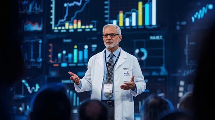 Chief medical officer presents detailed clinical trial visuals confidently - Powered by Adobe