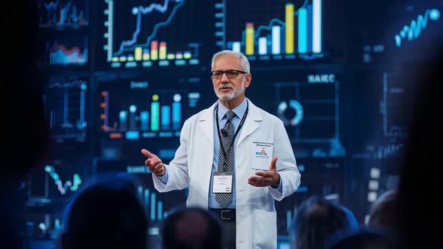 Chief medical officer presents detailed clinical trial visuals confidently