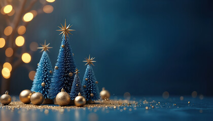 Blue decorative Christmas trees stand on blue surface with golden baubles. Stars decorate trees tops. Festive mood. Winter holidays background for design. New Year celebration. Copy space area for