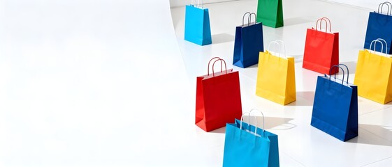 Colorful paper shopping bags arranged on a white background with ample copy space. Ideal for retail, marketing, sales promotions, e-commerce visuals, packaging concepts, and commercial product display