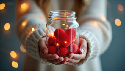 Woman hands holding jar filled with red hearts. Symbol of love emotion gratitude thanks. Bokeh lights glow create festive warm mood. Concept of holiday charity well being and care.