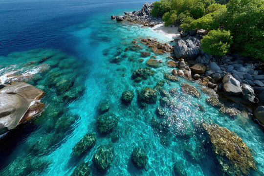 Aerial View Tropical Island Turquoise Water Rocky Coastline