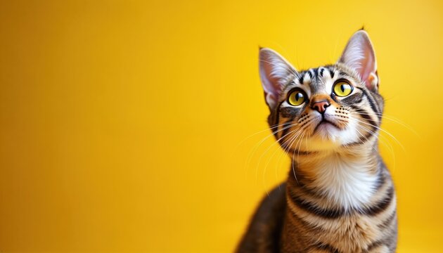 Tabby cat with bright yellow eyes looks up on a yellow background. Kitten shows curious and alert expression. Domestic pet in studio isolation. Cute animal face detail. - Powered by Adobe