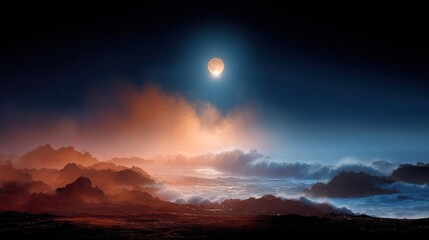 Fototapeta premium Dramatic scenic landscape featuring fiery clouds, glowing moon, and dark, mystic atmosphere