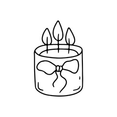 Hand drawn icon of black line paraffing aroma candle with three wicks vector illustration