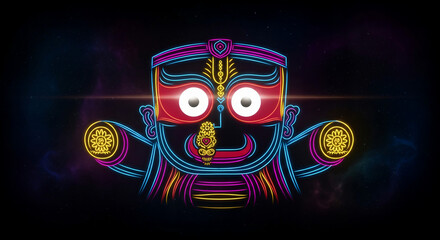 Vibrant neon art of Lord Jagannath illuminating spiritual festivals and cultural celebrations with divine energy and blessings