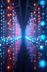 Fototapeta premium Abstract space with blue orange lights tunnel. Glowing dots hang in air. Night backdrop with bright illuminations. Sci-fi scene reflects on wet ground. Futuristic concept for design tech projects.