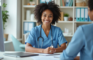 Smiling african american nurse at desk. Woman doctor appointment in clinic. Portrait of medic pro. Confident nurse consulting patient. Medic works in hospital cabinet. Telemedicine concept emerges