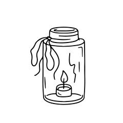 Hand drawn black line tea candle in mason jar icon vector illustration. Linear monochrome doodle glass candleholder