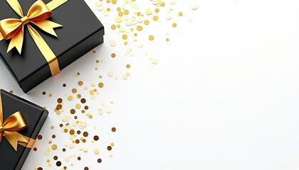 Black gift boxes with gold ribbons and confetti are scattered on a white surface. These elegant packages suggest celebration and premium rewards. Great for promotions and special events.
