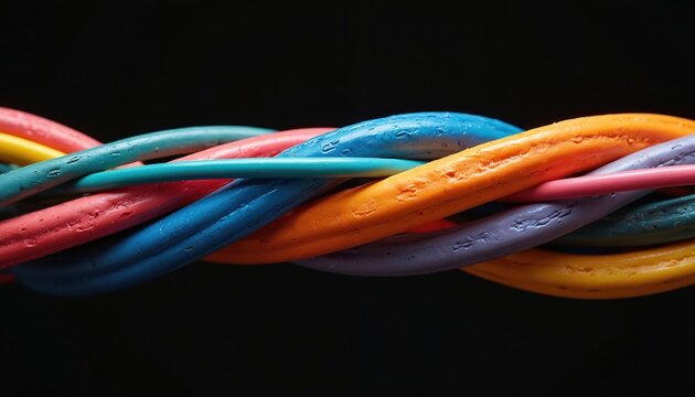 Colorful electric wires tangled together on black backdrop. Abstract view of network cables shows connectivity and modern tech complexity. Vibrant threads twist in creative detail.
