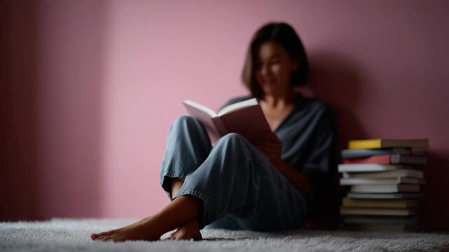 4K video Girl sitting barefoot on carpet near pink wall, holding open book in front of face, tall pile of books beside her, casual jeans outfit, cozy and creative study space, concept of