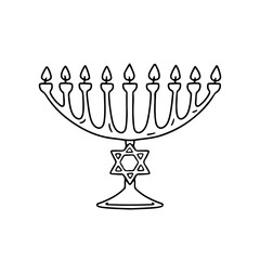 Menorah with David star hand drawn black line icon vector illustration. Linear monochrome hanukkah candlestick clipart